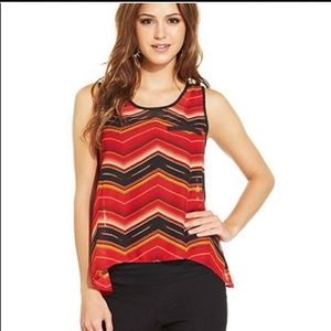 BCX Sheer Chevron Striped Sleeveless Hi Lo Top Med
